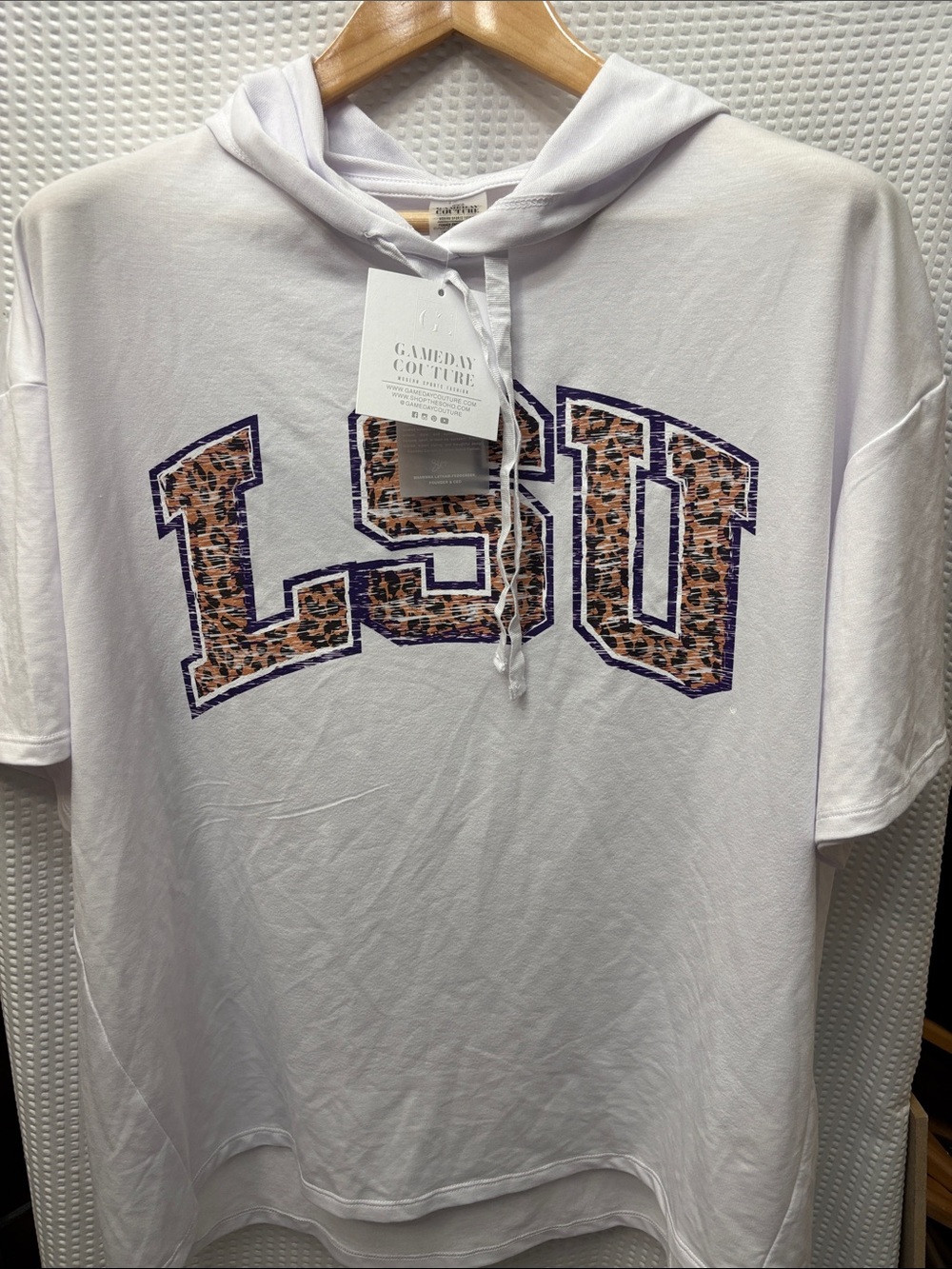 Gameday Couture Women's White Hoodie Tee with Leopard LSU Graphic